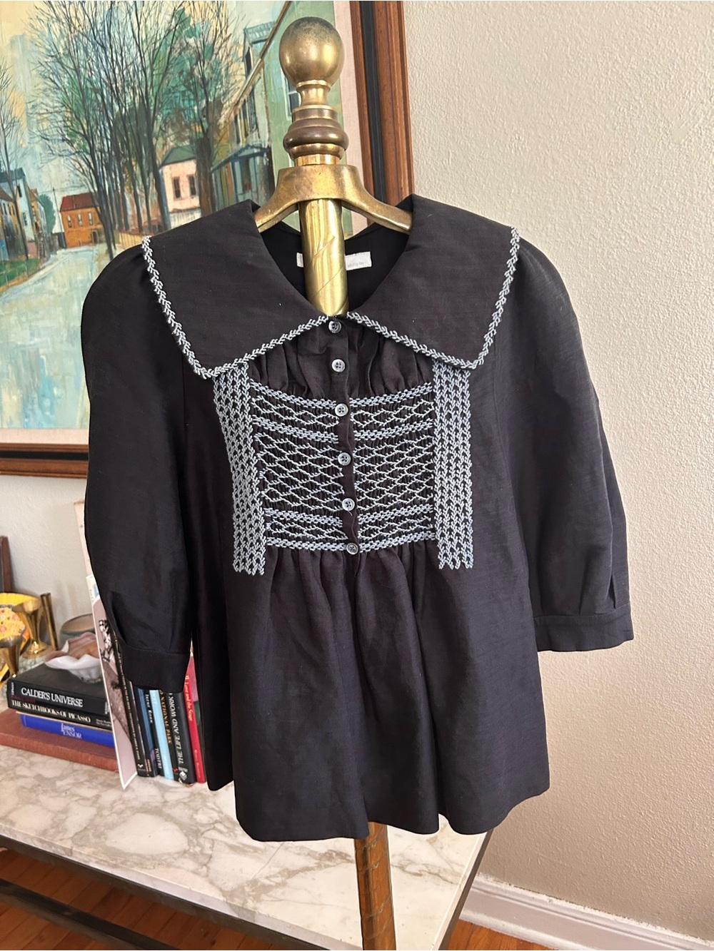 3.1 Phillip Lim Charcoal Blouse with pale blue Embroidery and smocking